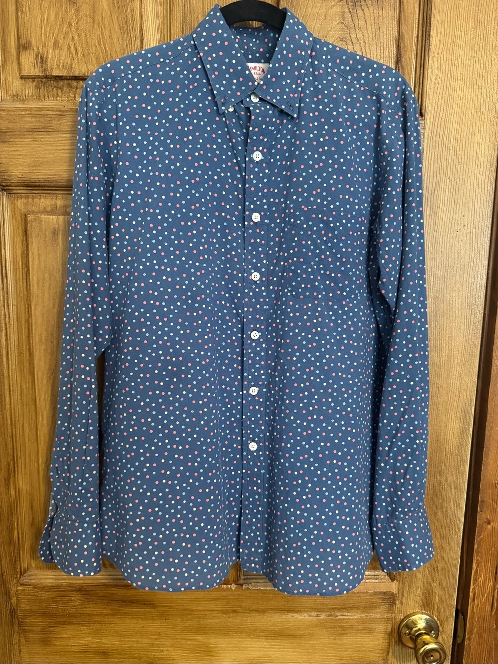 Hamilton Blue Button-Down Shirt with Pink and White Dot Print